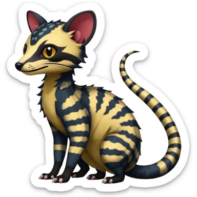 Rare warm-colored exotic edgy cute epic aesthetic spooky dark gothic colorful Genet-Salandit-Civet-species-Fakemon-hybrid-creature, with beautiful intricate markings, full body sticker