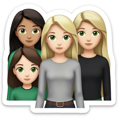 são 4 amigas, uma branca do cabelo loiro bem longos e olhos verdes, uma parda com os cabelos abaixo da cintura castanho claro dos olhos castanhos, uma branca do cabelo preto tamanho médio e olhos castanhos e a outra parda do cabelo castanho escuro abaixo da cintura e olhos castanho médio sticker
