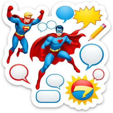 Create a vibrant and dynamic emoji representing comic books and graphic novels as an art form. The design should feature a comic book page with panels and speech bubbles, showcasing bold lines and vibrant colors. Include elements like a pencil or pen, as well as a superhero icon or an action scene to symbolize storytelling through visuals. Use bright, energetic colors like red, blue, and yellow to convey excitement and creativity. The overall design should feel playful, creative, and artistic. Make the background transparent. sticker