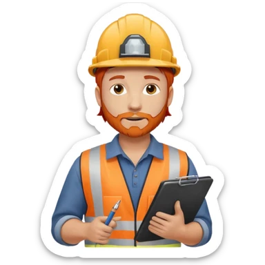 A safety construction worker who is male and has red hair, no beard but slight facial scruff from time to time. He needs a hard hat and maybe a clipboard with a check list for his safety checks. sticker
