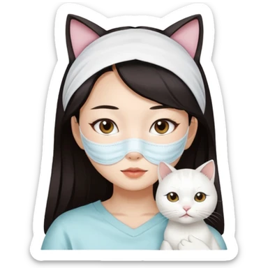 Asian girl with full facial sheet mask pack with one  white cat sticker