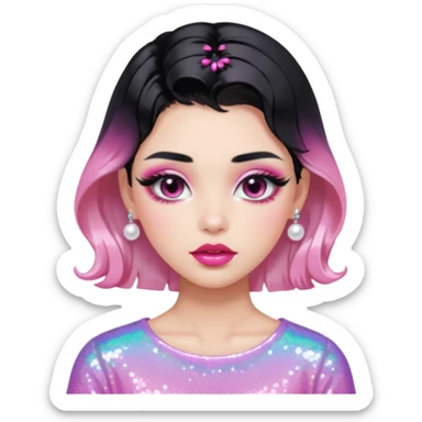 “black hair Emoji girl, glossy pink eyelids, ombré cherry lips, soft contour, subtle glitter under eyes, pearl hair clips, trendy hairstyle, iridescent modern top.” sticker