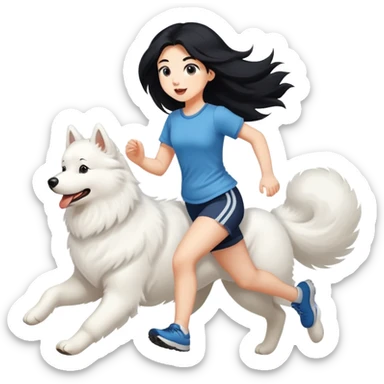 A beautiful girl with long black hair runs with a Samoyed sticker