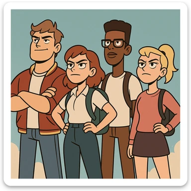 group of confident students standing tall, looking heroic in flat toon style sticker