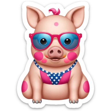 cute pig wearing  star-shaped sunglasses and polka dot bathing suit on all fours with nail polish, with a name tag saying hi my name is gerald sticker