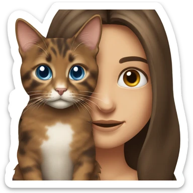 Long haired brunette girl with blue eyes holding a long haired tortishell cat sticker