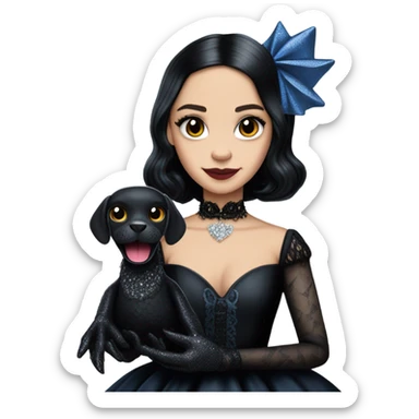 relaxed low-cut back silky black evening ball gown with lace gloves, Jenna Ortega as Wednesday Addams wearing a mini diamond tiara showing off blood blue cute horned old dragon hand puppet sticker