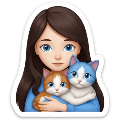 a girl with long dark 
brown hair, with blue eyes, hugs 3 different natural coloured cats sticker