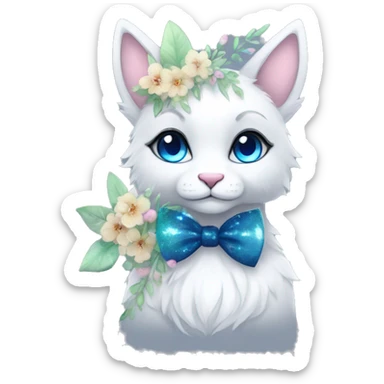 Anthro Cute Cool Kawaii gorgeous sparkly ethereal fantasy animal creature with blue eyes furry sona with flowers and bow tie beautiful aesthetic sticker