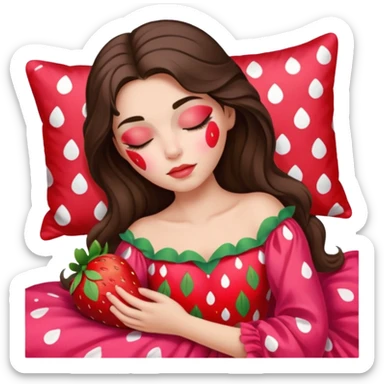 sleeping beauty brunette white girl with a silk pillow strawberry dress with her face painted strawberry sticker