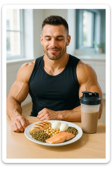 Uomo muscoloso, seduto a tavola con un piatto ricco di proteine: petto di pollo, uova, legumi, pesce e frullato proteico. Espressione soddisfatta e consapevole, in un ambiente luminoso, magari una cucina moderna o uno spogliatoio da palestra. Muscoli ben definiti, simbolo di cura e attenzione all’alimentazione. Atmosfera positiva, energetica sticker