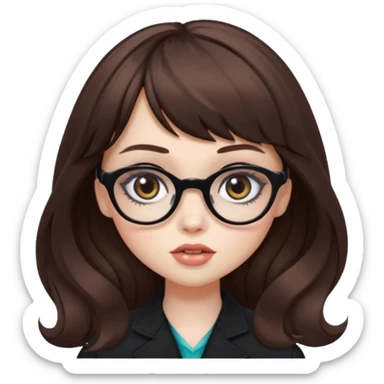 wavy brown long bangs hair, pale skin, dark black iris, pretty bratz baddie, strong black eyeliner, glasses sticker