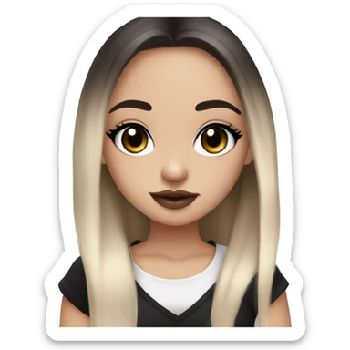 Slavic girl, goth eyes makeup, pink lips, brown eyes, long black-to-blonde ombre straight hair, black T-shirt, chibi, smiling. sticker