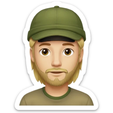 Apple emoji style young man with light skin, long blond hair, short stubble beard, dark eyes, olive green cap, friendly expression, clean shapes and soft gradients. sticker