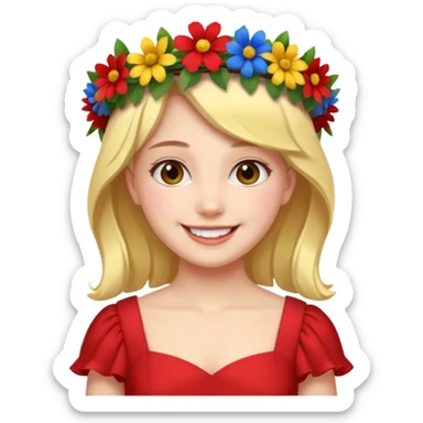 girl with flower crown in red dress and yellow ,blue,green colored flowers sticker