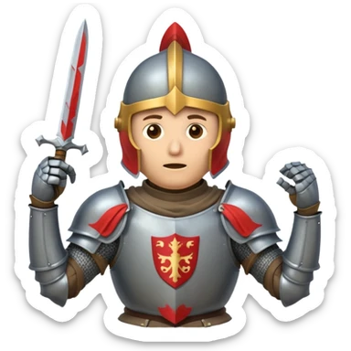 A cartoon knight in full armor with a closed helmet, expressing horror. The knight's head is tilted slightly upward, arms raised to the cheeks, and legs slightly apart. sticker