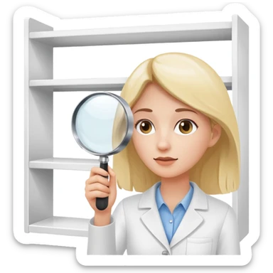 emoji of white empty shelf in perspective view with a standing woman nearby, she is looking at the shelfs with a magnifying glass, she is turned to the shelfs sticker