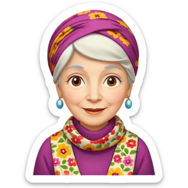 A kind old Russian village grandmother emoji — elderly woman wearing a bright floral headscarf tied under her chin, colorful patterned dress, warm smile, simple rural look. Flat minimal emoji style, clean Apple-like design. sticker