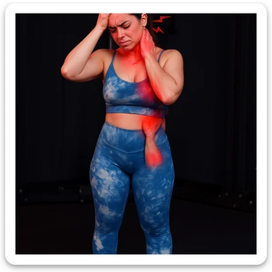 Realistic style edit of the same girl identical to the photo with one hand on the head and one on the neck, expression of strong headache and cervical pain. Pain symbols like redness, lines, lightning on neck and head. sticker