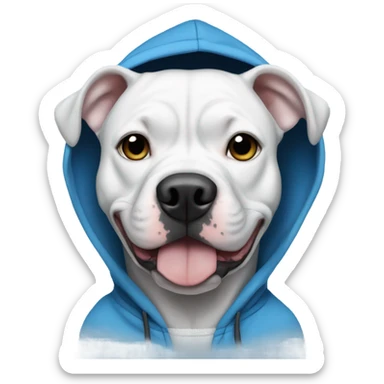 White pitbull with black ears, wearing a blue hoodie ￼ sticker