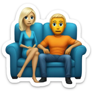 blonde alien reptilian woman in orange dress and humman man in blue, sitting on a couch  sticker
