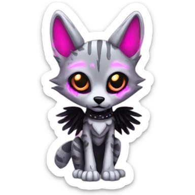 Coyote ocelot standing with grey and black fur and phoenix wings on back and pink ears half skeleton zombie, neon lights sticker