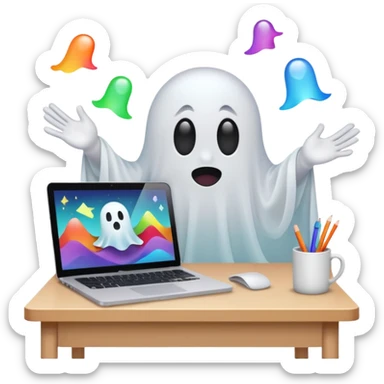 A cute ghost sits in front of a desk and is designing it with a laptop. see a laptop screen, and there is a photoshop screen on the screen. On the ghost surface, many shapes are leaving. sticker