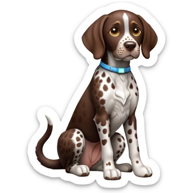 cinematic-[german pointer]-realistic-full-body-sitting-emoji,-tail-resting-loosely-beside-its-paws,-head-tilted-dramatically,-sleek-[brown and white spotted]-fur,-simplified-yet-realistic-focused-features,-highly-detailed,-glowing-with-an-almost-sarcastic-glow sticker