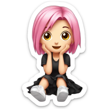 Full body Front view curvy emo girl pink hair sits on the floor straight view hands up black skirt белые трусики sticker