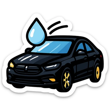 full high-end vehicle icon with glossy black mirror-like paint, strong mirror-like reflections and shine on the surface, water droplet sliding on the hood or roof, subtle repellent effect with water lines moving away, modern and clean style sticker