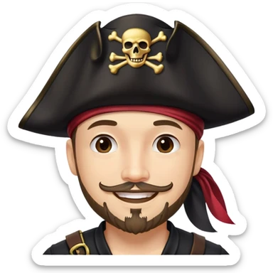 "- Nam
- 30 tuổi
- Da trắng
- Râu quai nón
-  Cướp biển caribe
- Cười tươi, đội mũ cướp biển màu đen sticker