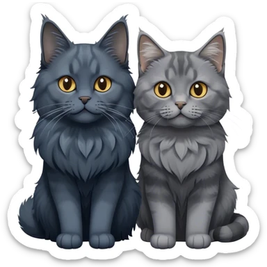 Portrait of a black smoke Maine Coon cat with long grey ear tufts, alongside a British Shorthair cat with a solid blue coat. Both cats with detailed fur textures and playful expressions. Soft, elegant background with warm, natural tones. Transparent background. sticker