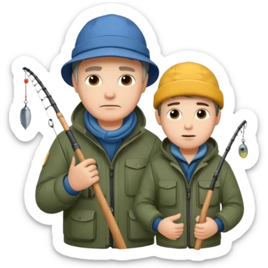 Father and son in fishing gear gesturing that they are cold sticker