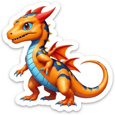 cute shiny colorful Guilmon-Salandit hybrid creature with a playful pose, full body sticker