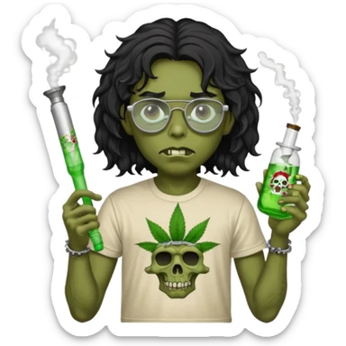 black wavy haired zombie getting stoned with weed t shirt and bong on his hand and wearing chrome hearts glasses sticker