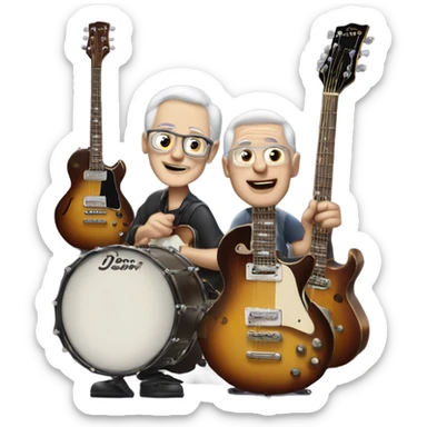 Three older white musicians jamming. one on a Gibson guitar, one on a Fender bass and one on drums sticker