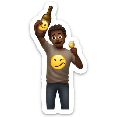 A tipsy person holding a wine bottle in one hand, and with the other hand clutching a glowing ❤️ emoji. The scene is set in a soft, warm light to give a sense of both vulnerability and intoxication sticker