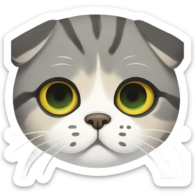 a Scottish Fold with a tri-color coat (gray, white, and beige), large round yellow-green eyes, a serious expression, and folded ears.  sticker