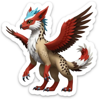 Winged hyper-realistic Feral Rare realistic edgy brown, white, red pretty beautiful handsome gorgeous aesthetic colorful vibrant Vernid-Trico-Silvally-Nargacuga-Gryphon-fusion-hybrid-species-Fakemon-creature by LiLaiRa, random markings, tufted ears, full body with snow-leopard-pattern-markings sticker