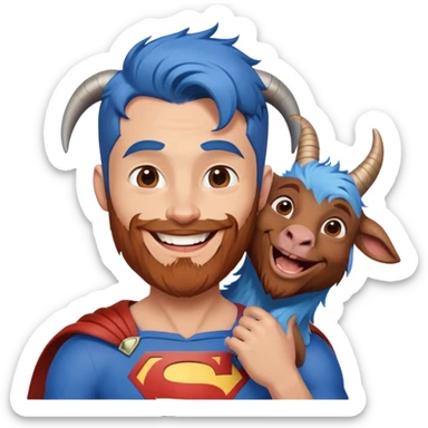 Adult Superman with redish brownish hair and full beard with his arm around a blue hair laughing goat sticker