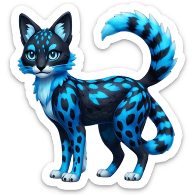 Realistic Obsidian-pitch-black fur body with neon-glowing-blue ring-markings Grem2-Gremz-serval-panther-Sergal-fusion, full body  sticker