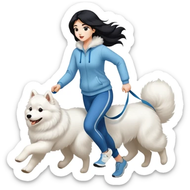 A beautiful girl with long black hair is running and walking a Samoyed sticker