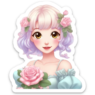Gorgeous pastel anime style lady with blushing face and roses cottagecore fairycore pastelcore shiny colorful pearly petite aesthetic trending style sticker