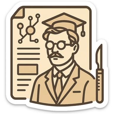 minimal elegant icon of a scholarly professor in classic academia style, dignified and not teaching, with a scalpel, set against a document background blending vintage academic motifs and subtle AI interface elements, refined cultured color scheme, technical and precise sticker