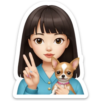 a pretty Asian girl, with hair bangs, pale skin, with manicure holding a chihuahua in her, showing her middle finger sticker
