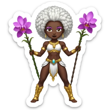 full body dark skin woman white hair afro muscular build orchid warrior spirit sticker