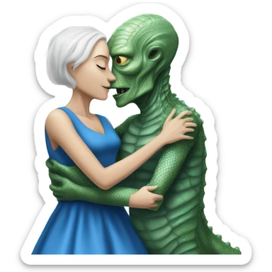 White man in blue dress  hugs and kissing Alien reptilian woman in silver dress  sticker