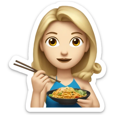 Dark blonde haired girl, mid 30s, super mom, eating Thai Food with chopsticks  sticker