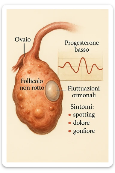 realistic and cinematic illustration of an ovary with an unruptured follicle, low progesterone, hormonal fluctuations, symptoms of spotting, pain and swelling, clinical details, captions in Italian sticker