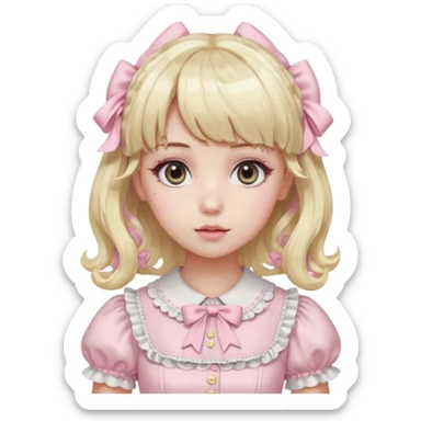 pale girl , who has curly medium length blonde and baby pink swirled hair with bangs , grey eyes , and doll like makeup , in a light pink lolita hime gyaru dress emoji | AI Emoji Generator black hair sticker